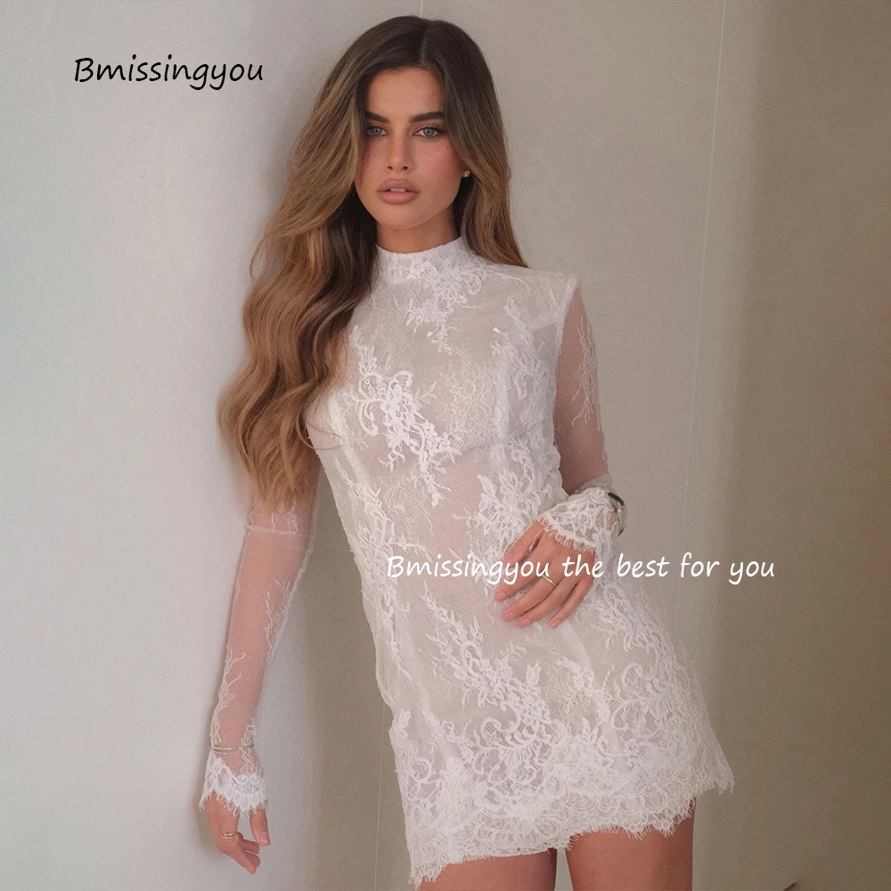 Short Mermaid Wedding Party Dresses for Bride Lace Appliques Tulle Bridal Dress Long Sleeve High Neck Evening Party Attire