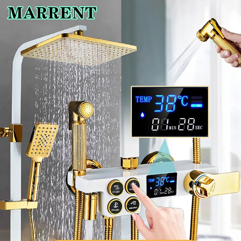 White Gold Digital Shower Set Copper Brass Bathroom Fixture Hot Cold Bathroom Faucet Rain Shower Head Thermostatic Shower System