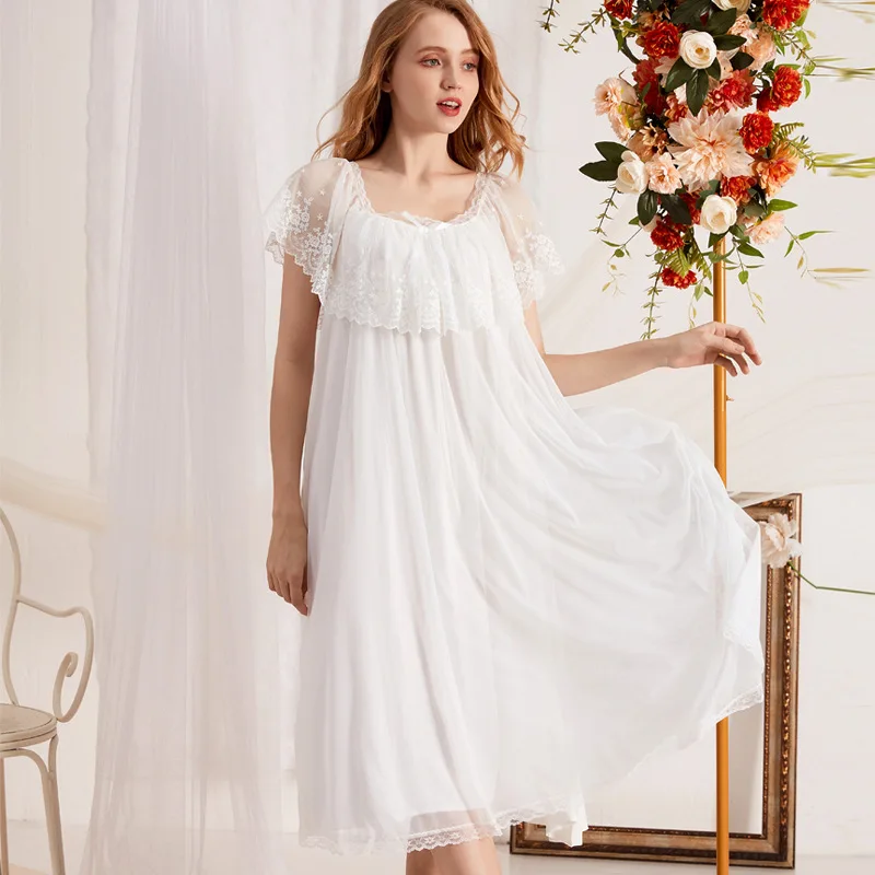 

Women's Nightdress White Short Sleeve Summer Nightgown Lace Princess Sleepwear Sweet Bridesmaids Gauze Long Lounge