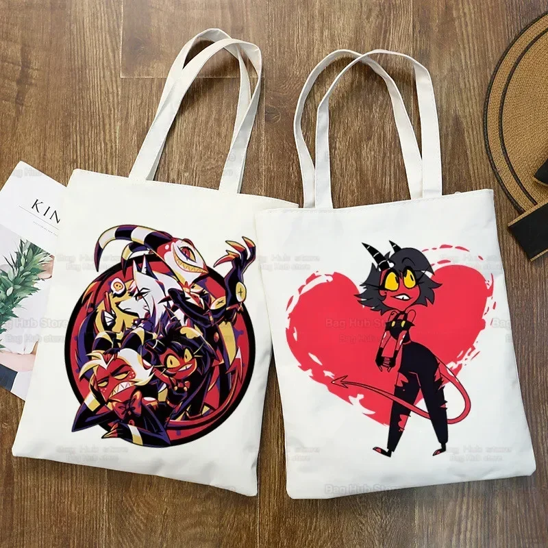 Helluva Boss Women Canvas Tote Bag Eco Shopping Bag Large Shoulder Bag Women Foldable Harajuku Comedy Cartoon Shopper Bag