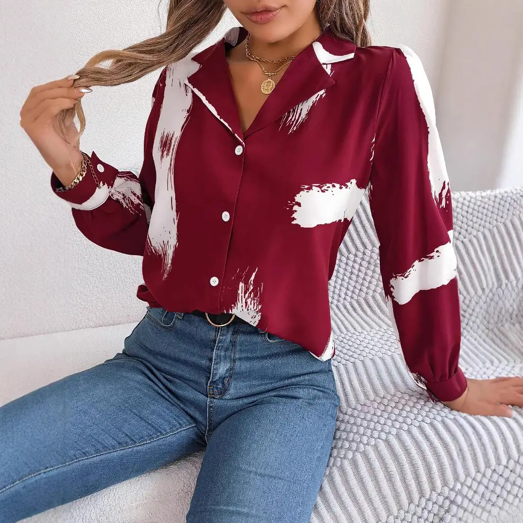 Women's Striped Suit Collar Long Sve irt European Sle Polyester Fiber Casual Wear Spring Season Plaid Pattern