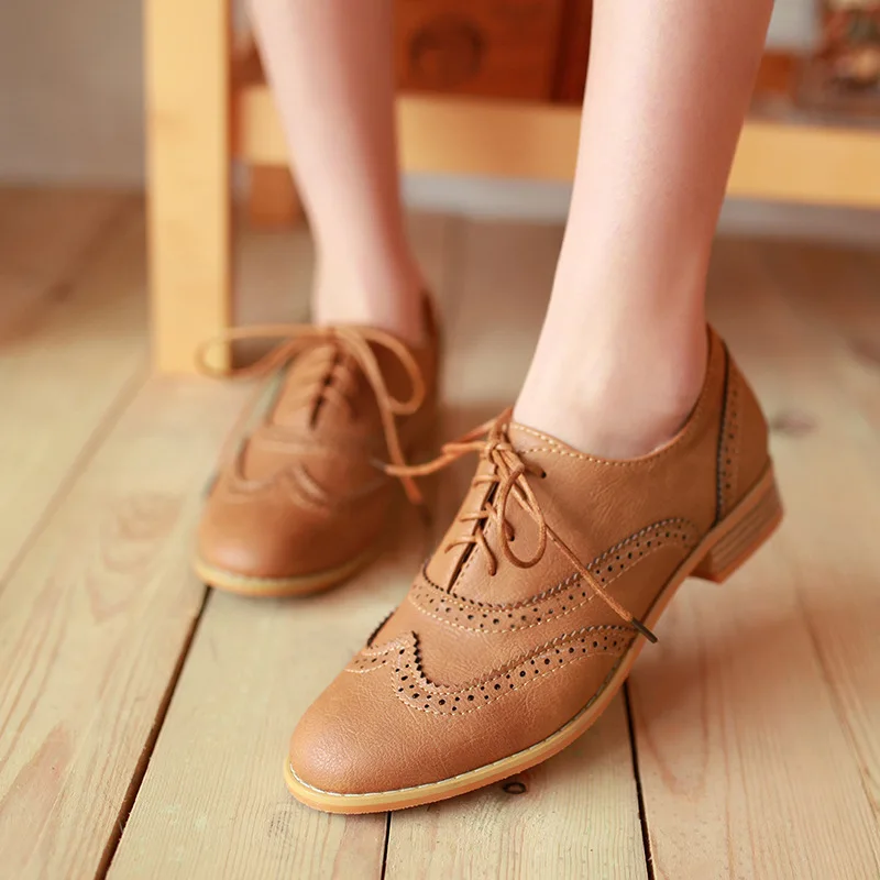 Round Toe Casual Woman Shoe Oxfords Female Footwear Leather Dress Rubber Solid Leisure Lace-Up Rome Flat PU Fabric Brogue