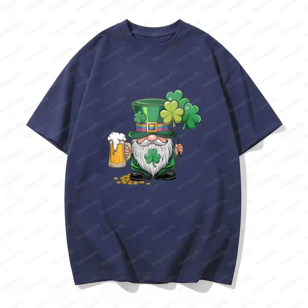 St Patricks Day Gnome Beer Shamrock T-Shirt Leprechaun Hat Gold Coins Graphic Tee Short Sleeve Top for Men Women Irish Pride