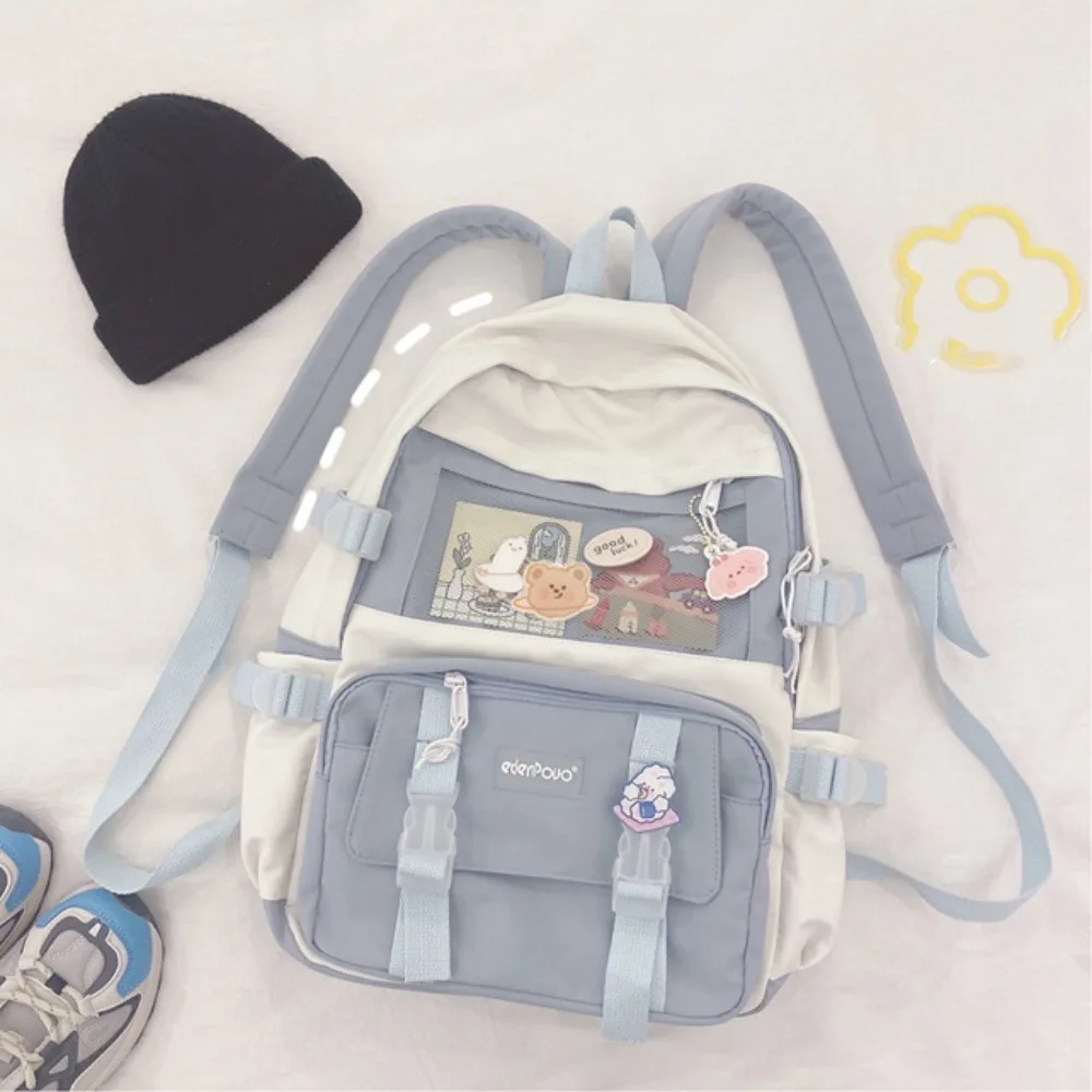 Waterproof Nylon Canvas Schoolbag College Style Harajuku Large Capacity Backpack Korean Style with Pendant School Bag Girl