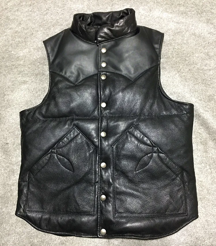 

White duck down imported goat leather leather leather jacket men's down vest vest men's short warm and slim fit