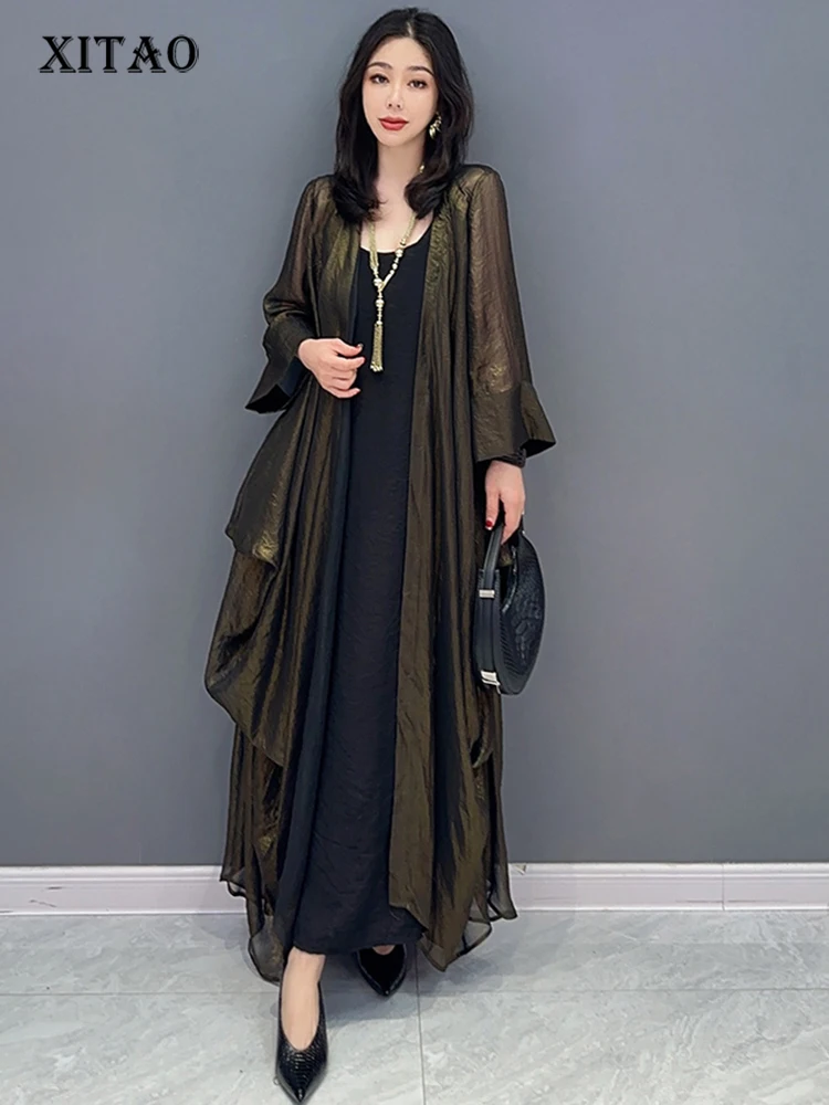 XITAO V-neck Nine Quarter Sleeve Trench Fashion Solid Color Loose Casual Temperament 2024 Summer Women New Trench HQQ2342