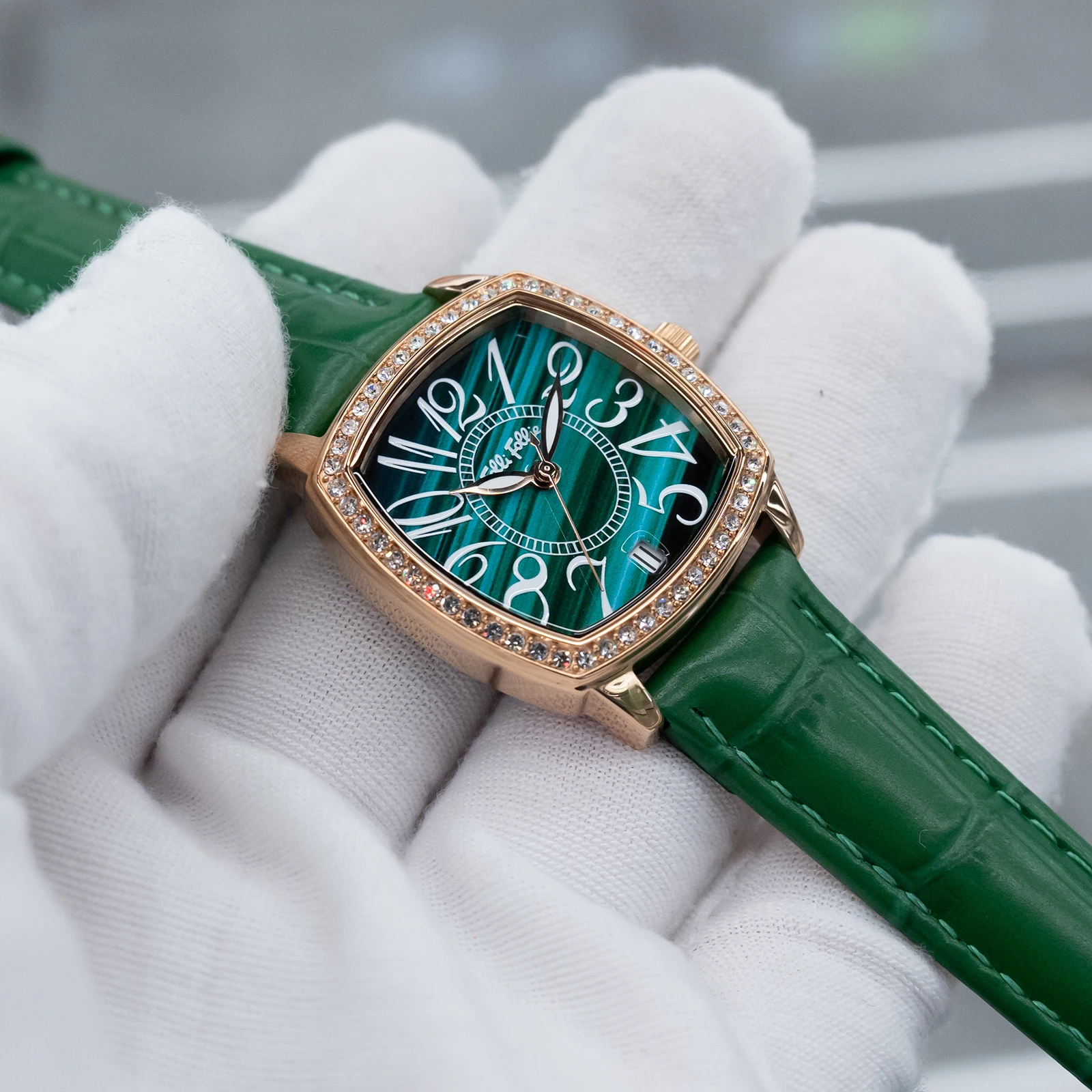 FolliFollie-Women's Fashion Watch Rose Gold Green Dress Watch Square Big Numerals Quartz Ladies' Wristwatch with Leather Strap