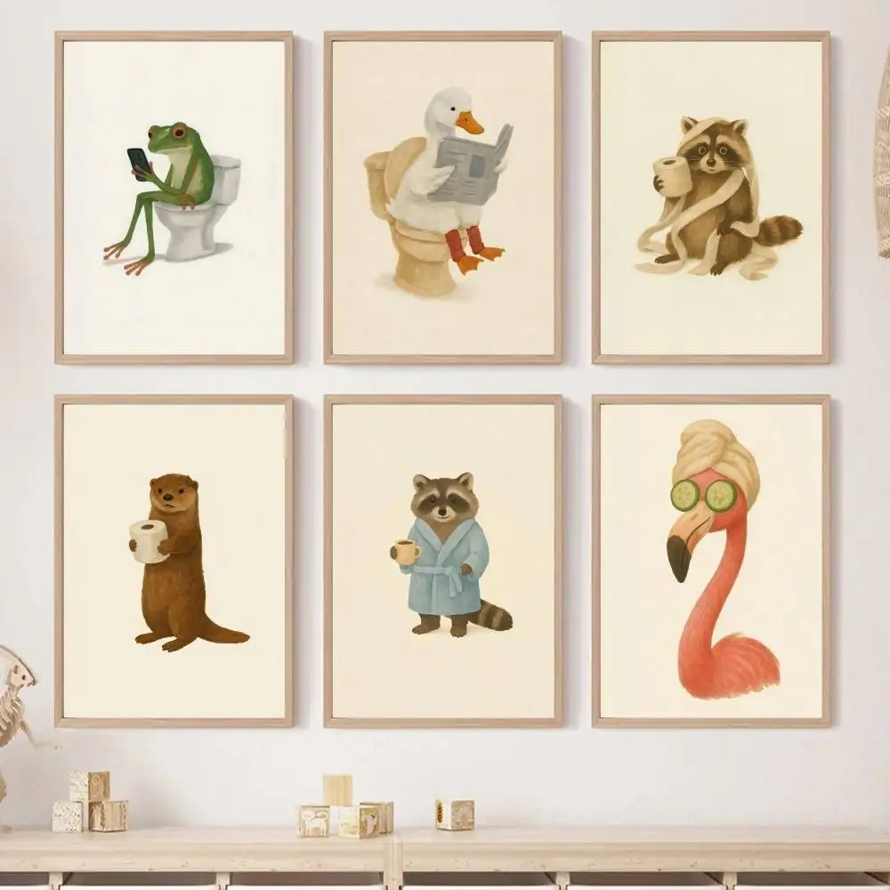 Funny Bathroom Animal Paper Poster Frog Raccoon Flamingo Toilet Print Cute Cartoon Wall Art Restroom Kids Decor Unframed