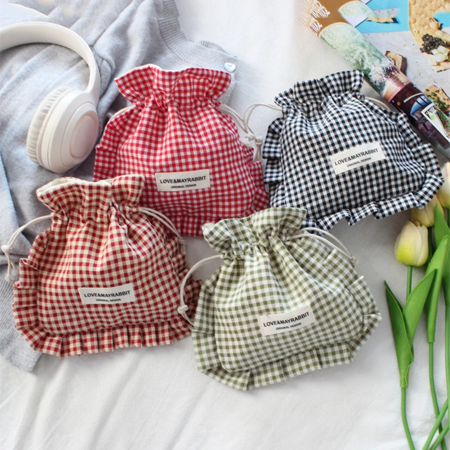 Korean Ins Style Plaid Drawstring Bag with Ruffle Edge Travel Makeup Organizer Jewelry Storage Pouch