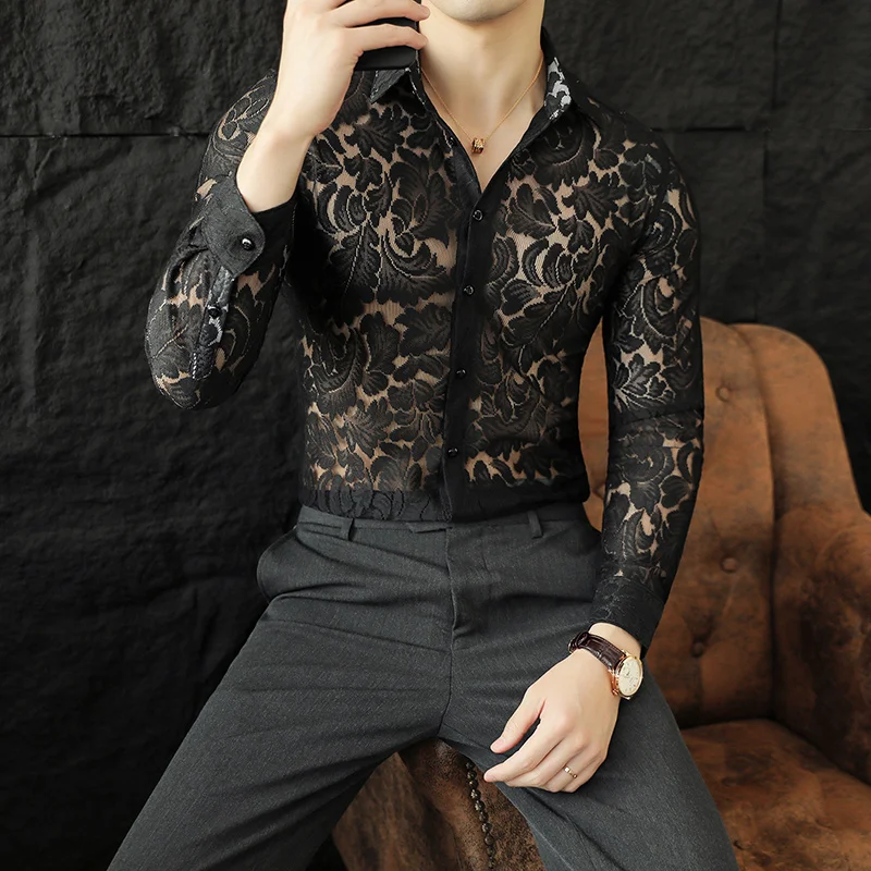 Men's Summer Mesh Perspective Lace Sheer Shirt Long sleeved Fashion Sexy Slim Fit Shirt Party Event Daily Home Chemistry Homme