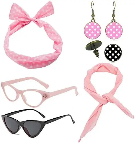 Pesenar 1950の女性用コスチュームアクセサリー-50sシフォンスカーフ、猫の目、バンダナタイヘッドバンド、ドロップドットイヤリング