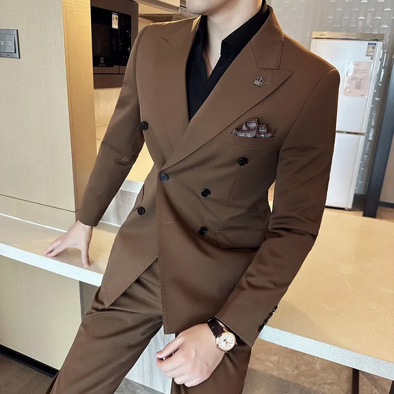 (Jacket+Pant) Fashion Double Breasted Design Men\'s Slim Fit Suits High Quality Italian Style Wedding Social Tuxedo Men Clothing