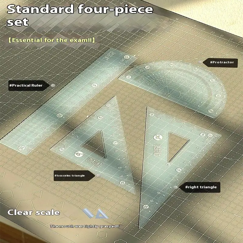 4PCS/Set 15CM Jelly Ruler Set Thickened Measuring Stationery Set Square Transparent Measuring Ruler Student Gift