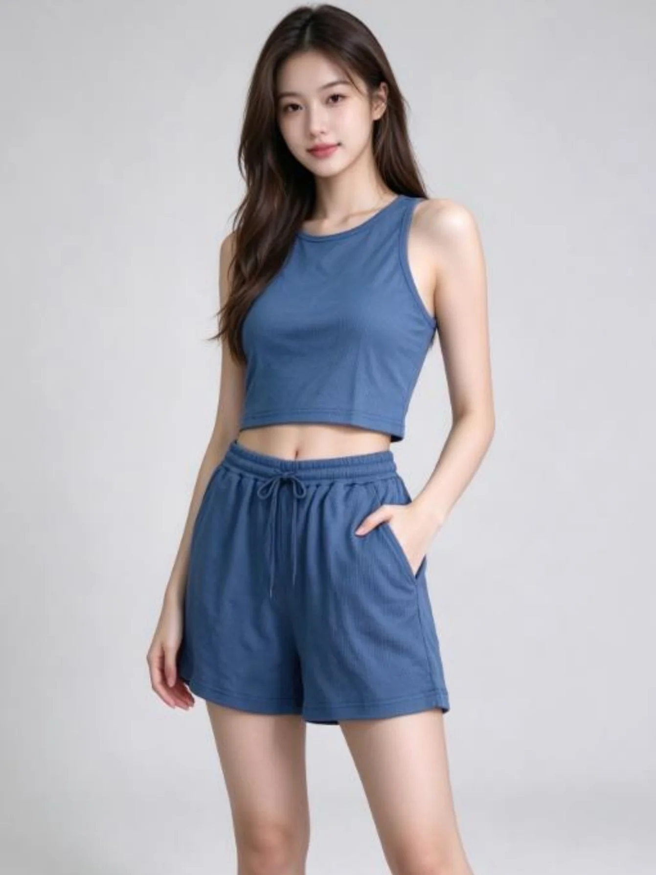 Women's 2 Piece Outfit, Solid Ribbed Round Neck Sleeveless Tank Top, Drawstring Waist Shorts, Casual Loungewear Set