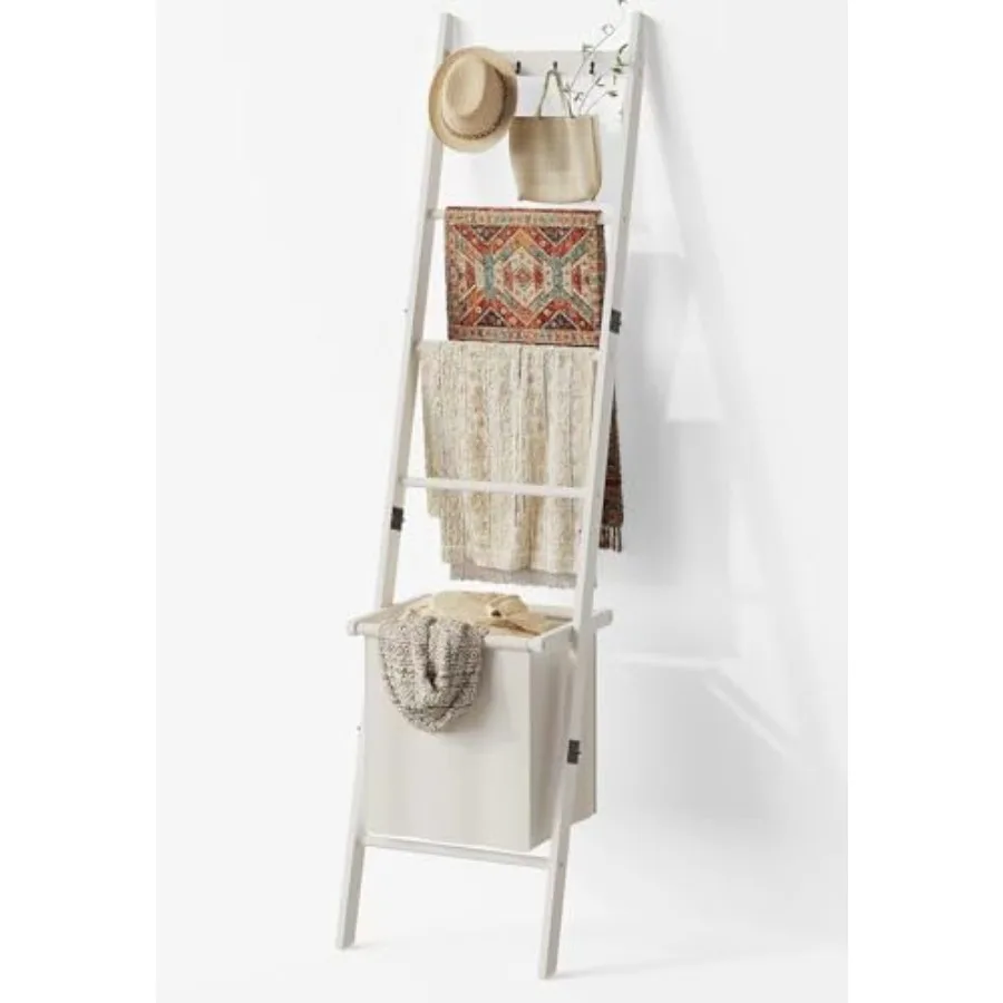 

Бамбуковая 5-ярусная стойка-стремянка для одеял с корзиной, 4 крючками и контейнером для хранения, для гостиной, ванной комнаты, пристенная