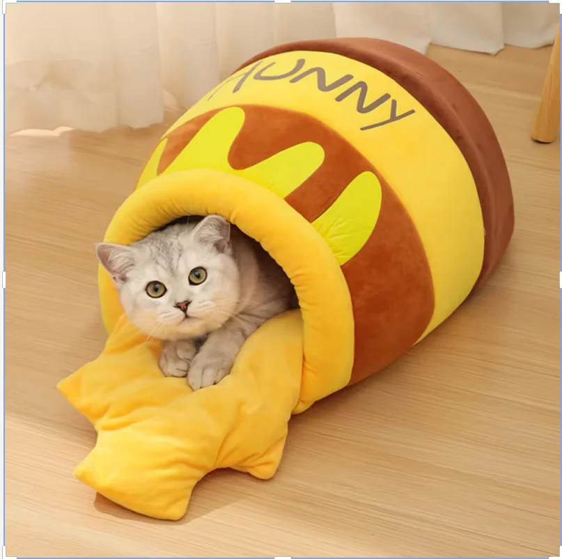 Cat Bed Soft Plush Pet Litter for Small Dogs Indoor Warm Sleeping Den with Removable Cushion Honey Pot Cozy plush Bed