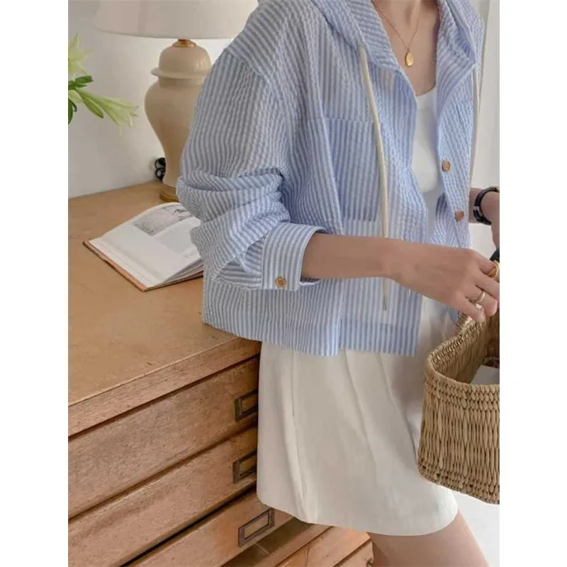 Abrigo holgado de verano para mujer, protección solar Irt Ort Svel Sweet Sle, aire acondicionado con sombrero, patrón de rayas, nuevo modelo