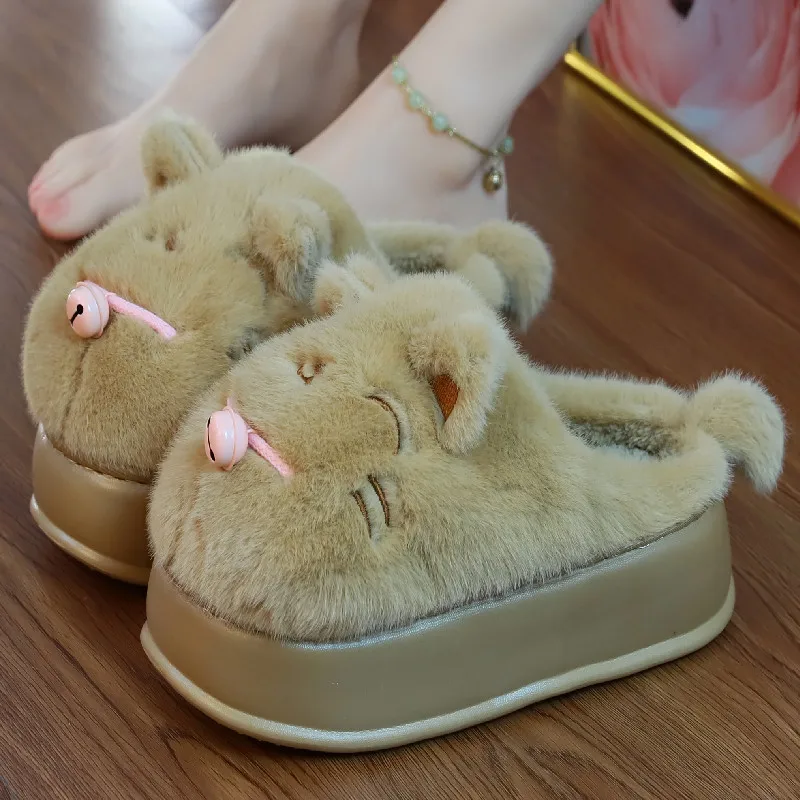 New cat slippers platform 6 cm woman 2024 trend winter shoes fur mules kitty slides women high heel chunky rabbit bunny slippers