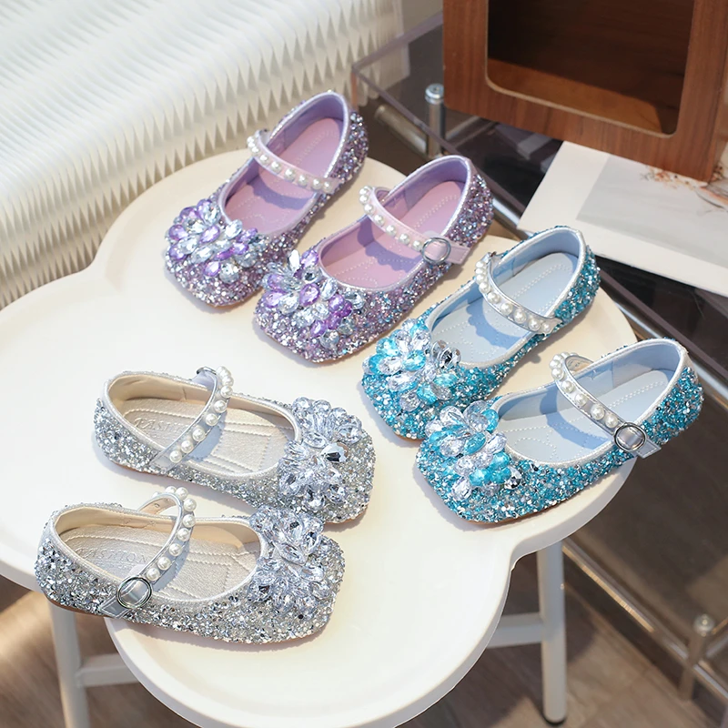 

Blue Girls Kids Summer Rhinestones Glitter Crystal Shoe Snow Queen Princess Ballet Flat Shoes Princess Cosplay Party Dance Shoes