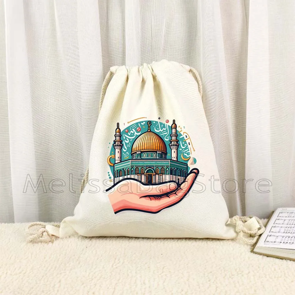 Al Aqsa Mosque Tatreez Embroidery Pattern Love Arabic Cute Gift Quotes Canvas Drawstring Bag Backpack Sports Sackpack String Bag