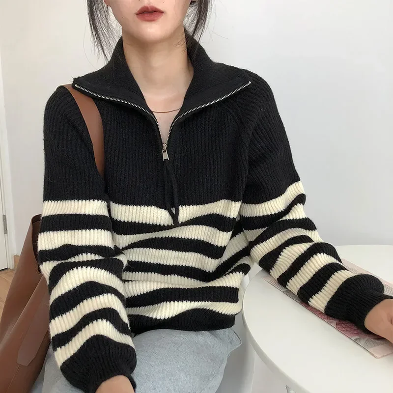 Striped Zipper Kintted Cardigan Women Pullovers Autumn Winter Black Jumpers Crochet Loose Long Sleeve Sweater 2022 Jumper Causal