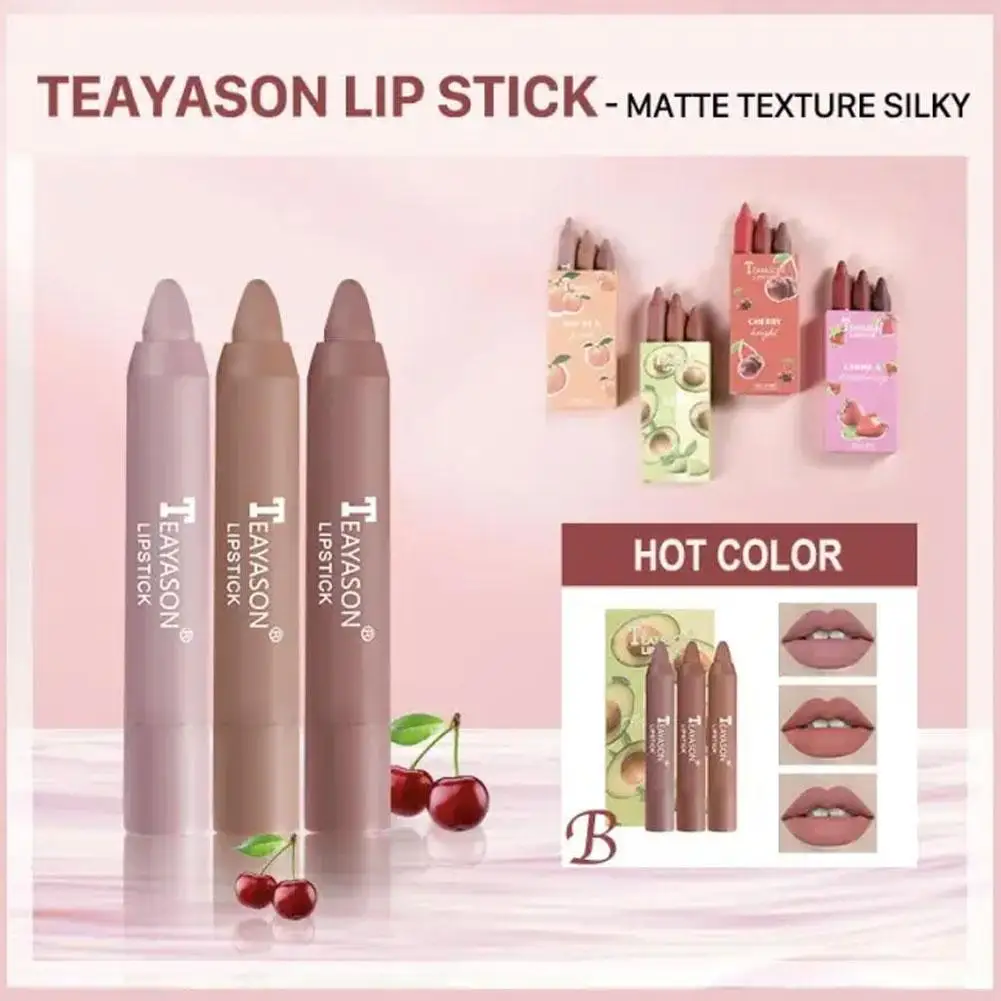 3 ชิ้น/เซ็ต Velvet Matte ลิปสติกปากกา Moisturizing Non-stick Cup ลิปสติกแต่งหน้ากันน้ํา Nude Crayon ลิปสติก Lip Liner ดินสอ