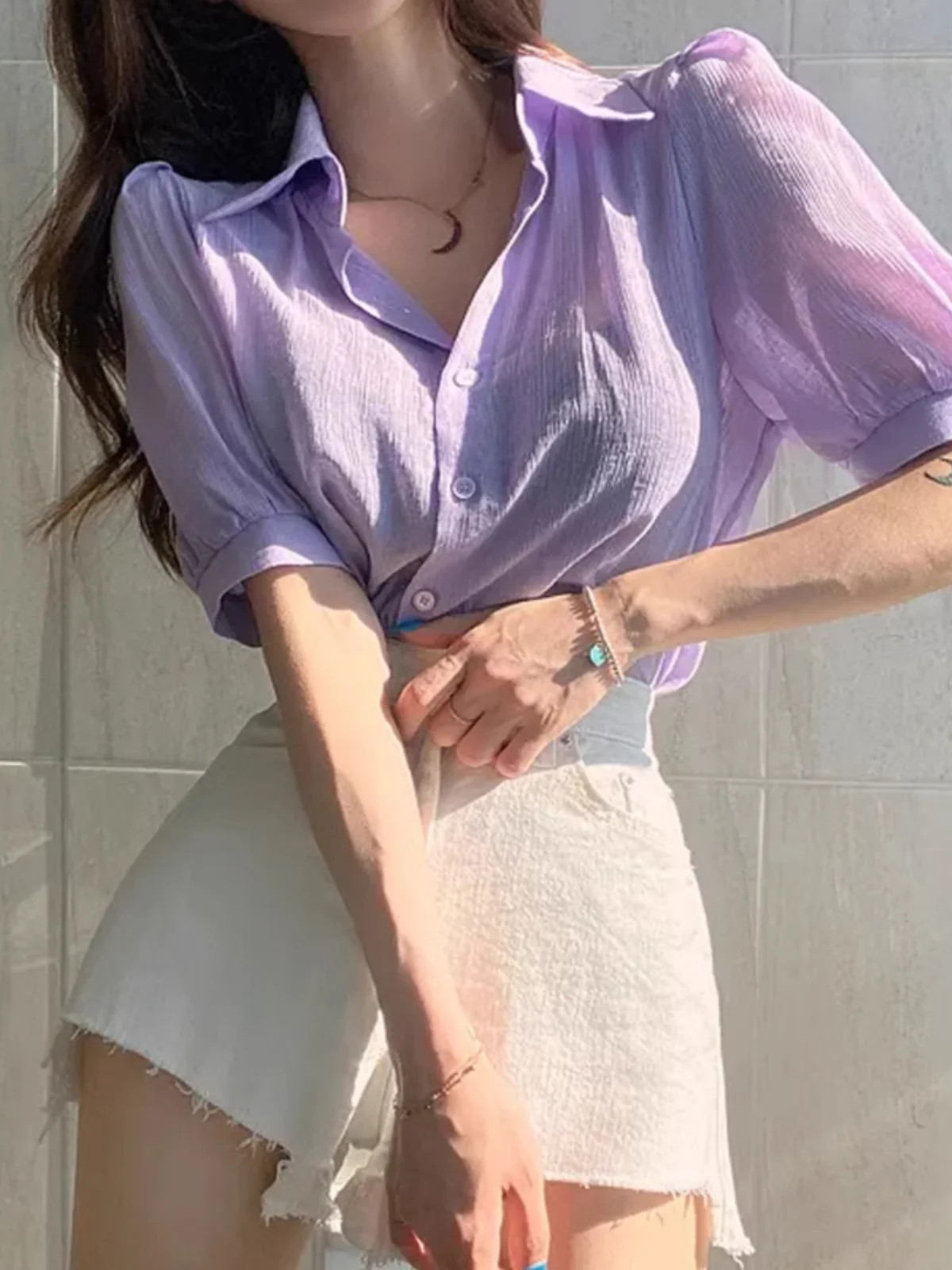 

White Casual irt Women's Chic Loose Bubble Sve Collar Semi-Transparent ort Length Summer Top Korean Sle