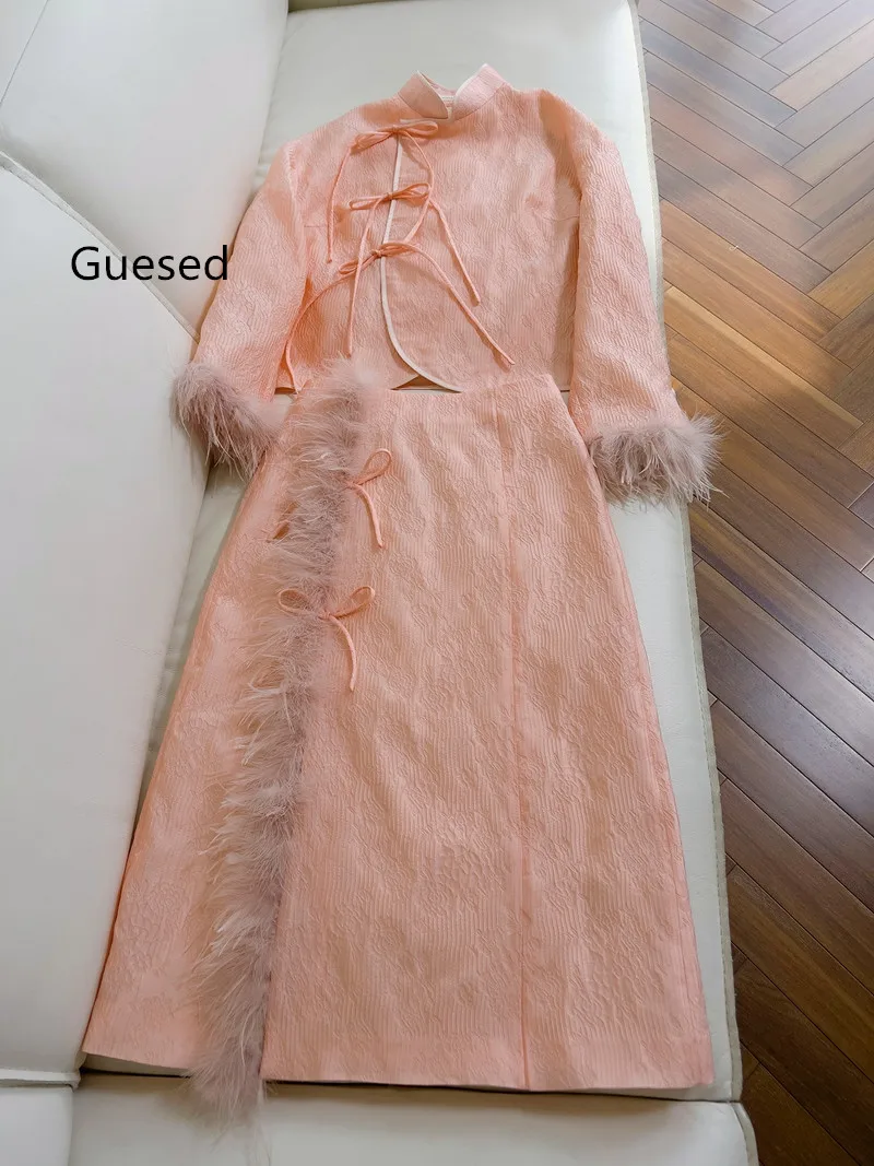 Guesed Pink Skirt Set Chinese Style Fur Sleeves Patchwork Jacquard Tnag Top Skirt Suit Vintage Elegant Ladies Twinset Spring New