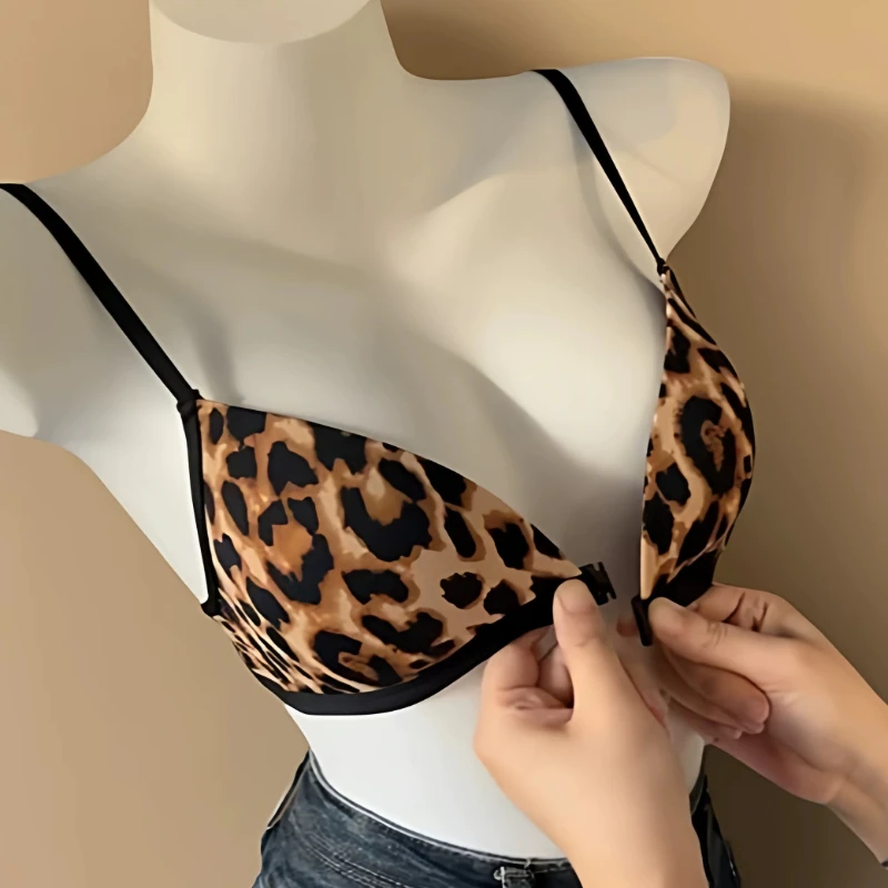 Ladies KUTUCL Triangle Push Up Bra Leopard Print Front Fastening Thin Straps Anti Sagging Support Suitable For Various Occasions