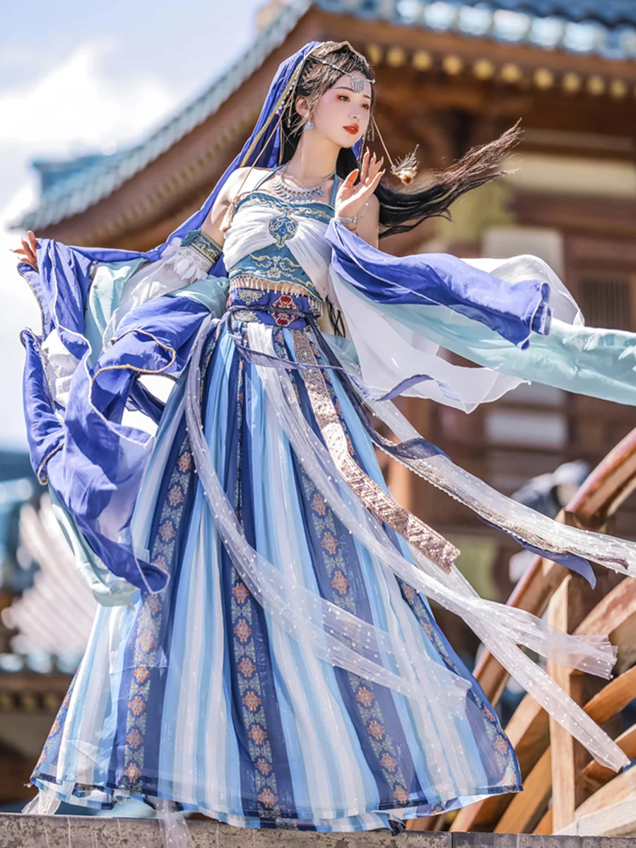 Princess of Tianzhu Original Dunhuang Exotic Customs Hanfu Soft Female Western Region Goddess Dance Full Set 7PCS Blue Orange