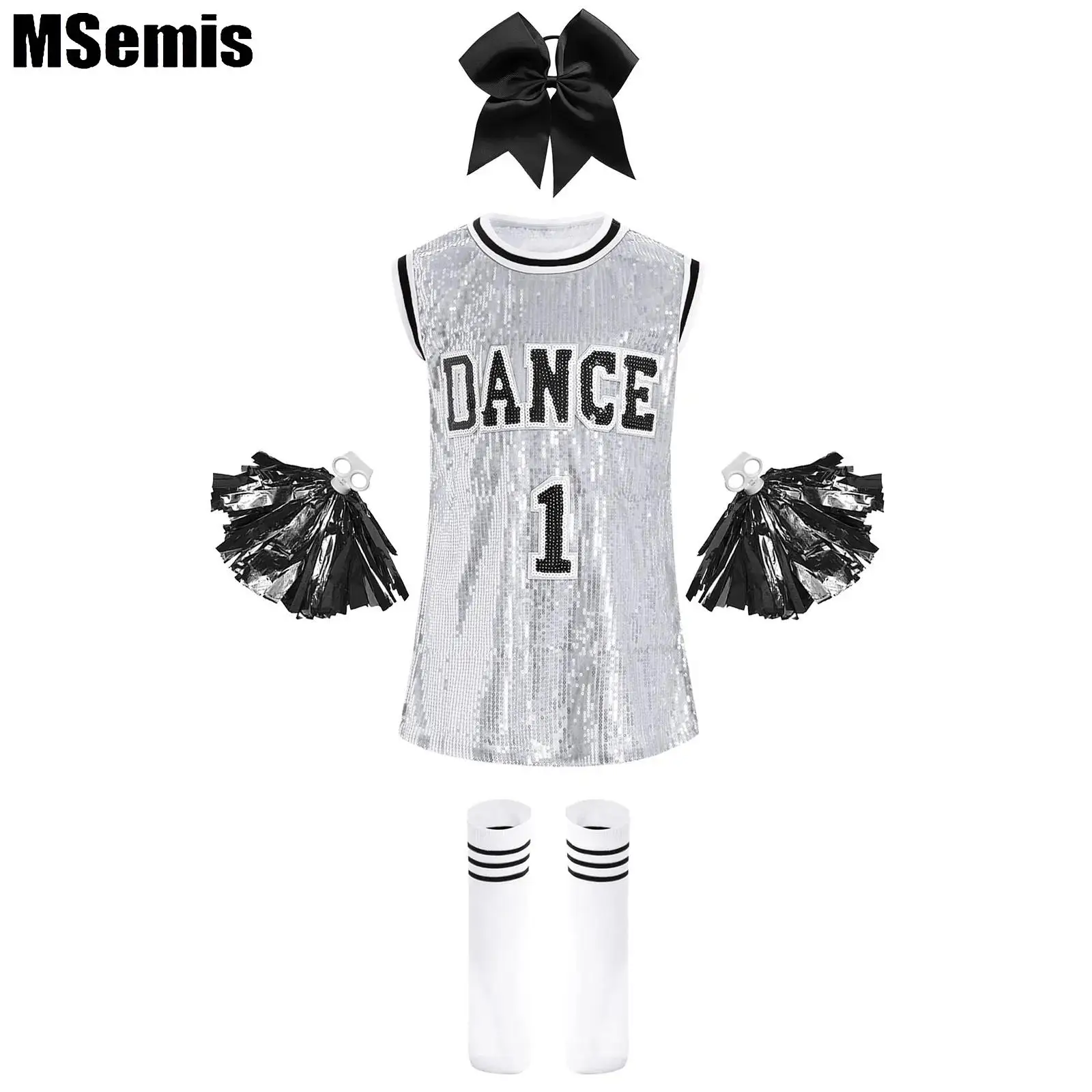 

Kids Girls Cheerleading Uniform Outfit Round Neck Sleeveless Sparkly Sequins Dress with Socks Headwear And 2Pcs Flower Balls