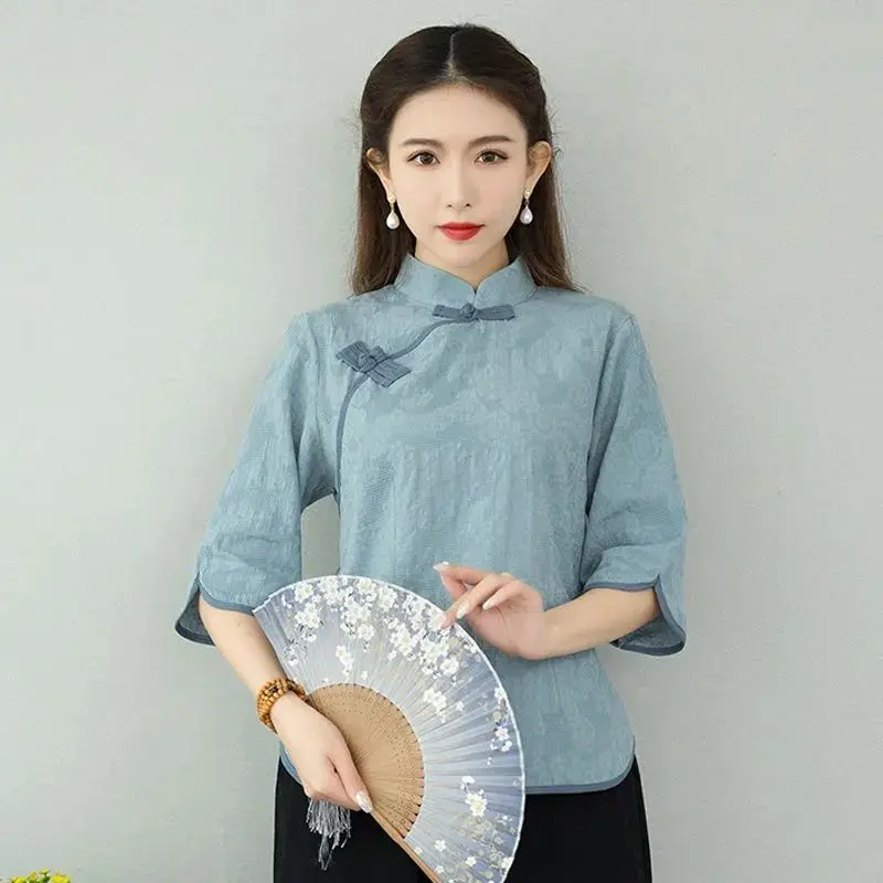 

Cotton Linen Retro Half-sleeved Women's Top 2025 Summer New Chinese Style Hanfu Zen Tea Clothing Women's Jacquard Blouse
