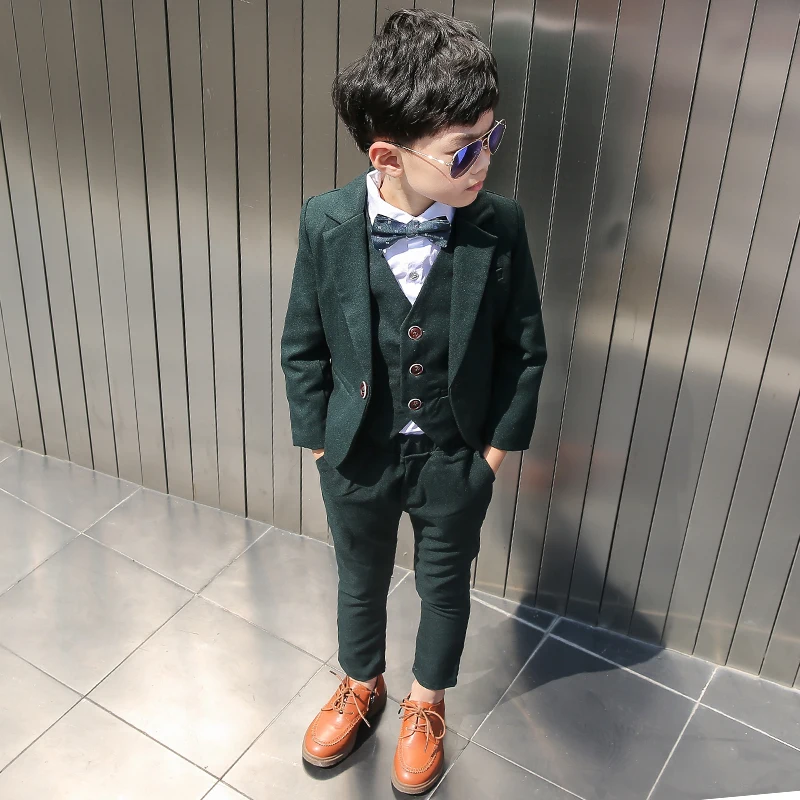 Boys Dark Green Formal Wedding Party Suit Children Blazer Vest Pants Tie 4 PCS Tuxedo Kids Performance Photography Dress Costume