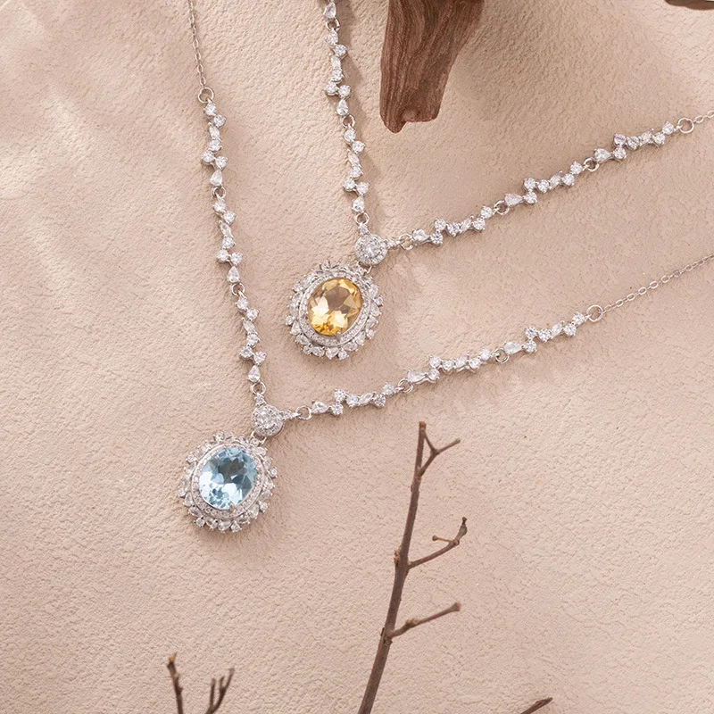 

News925Pure Silver красочные ювелирные изделия из драгоценных камней натуральный топаз цитрин кулон ожерелье для женщин легкий роскошный элитный стиль