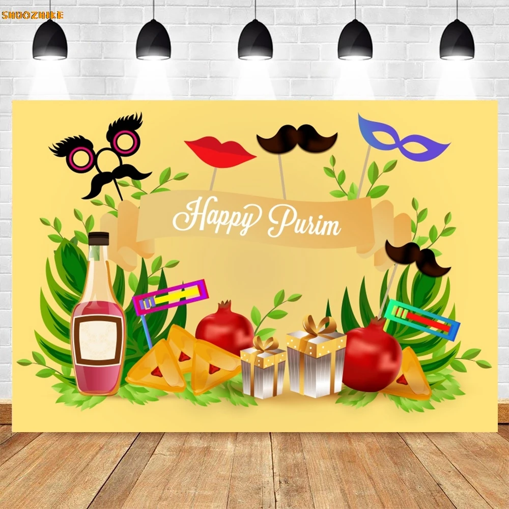 Cartoon Happy Purim Backdrop Jewish Holiday Decor Purim Celebration Banner Carnival Mask Hamans Ears Blue Photography Background