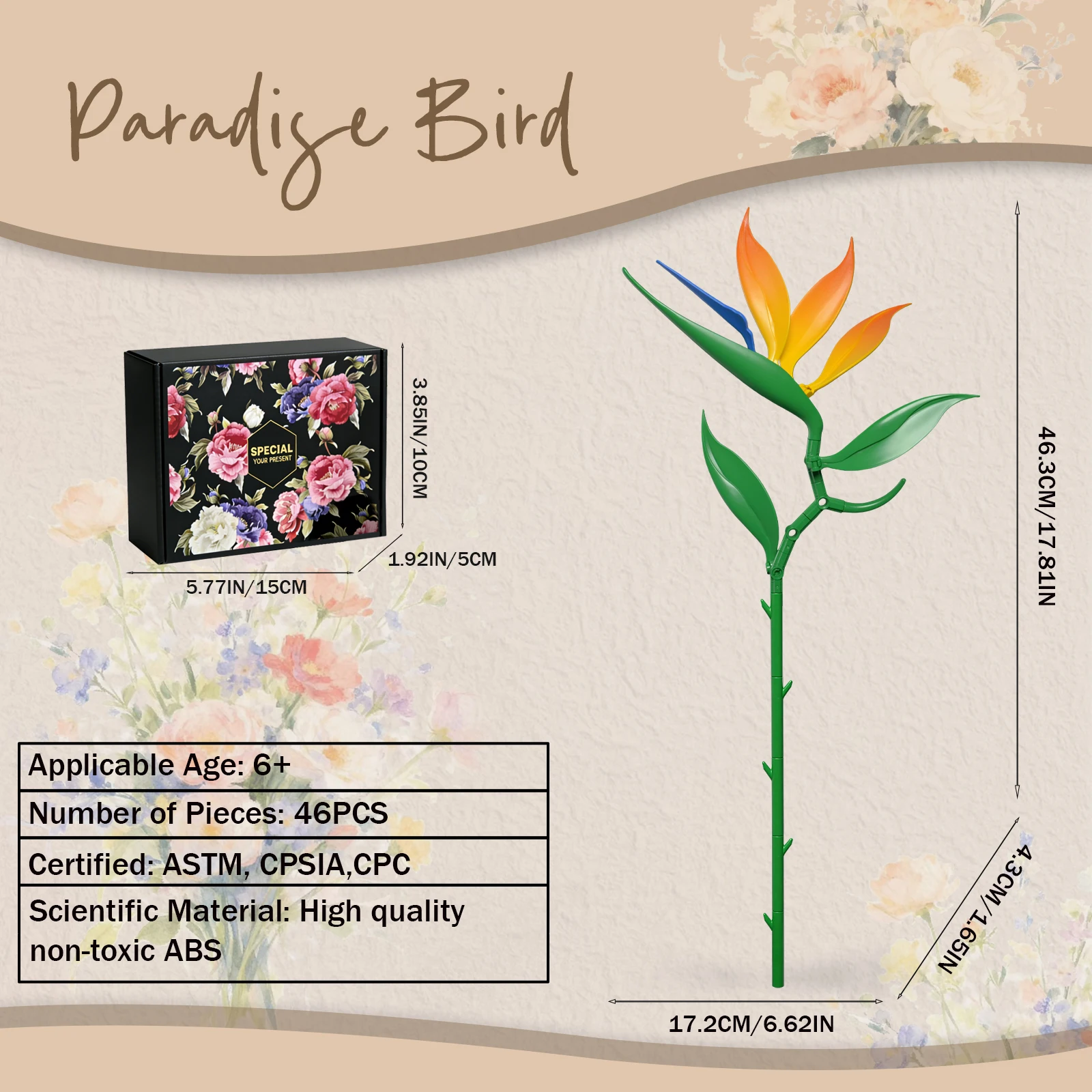 Strelitzia Blossoms Building Block Bouquet Flowers Featuring Gradient Petal Details Ideal for Tabletop Display Home Deco（46 Pcs） view 2