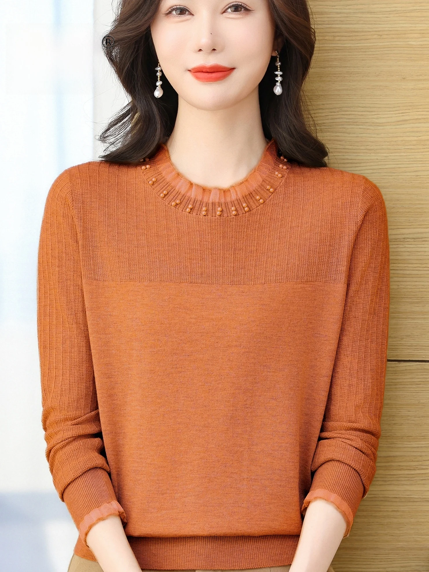 

Spring Faion Pearl Embellied Knitwear Loose Slimming Thin Women's Mid-aged And ly Sli Top Quali Material