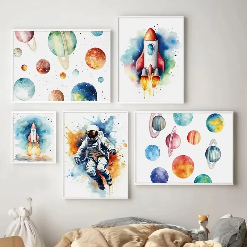 Watercolor Rocket Astronaut Space Planet Poster Solar System Print Nursery Wall Art Canvas Painting Pictures For Kids Room Decor