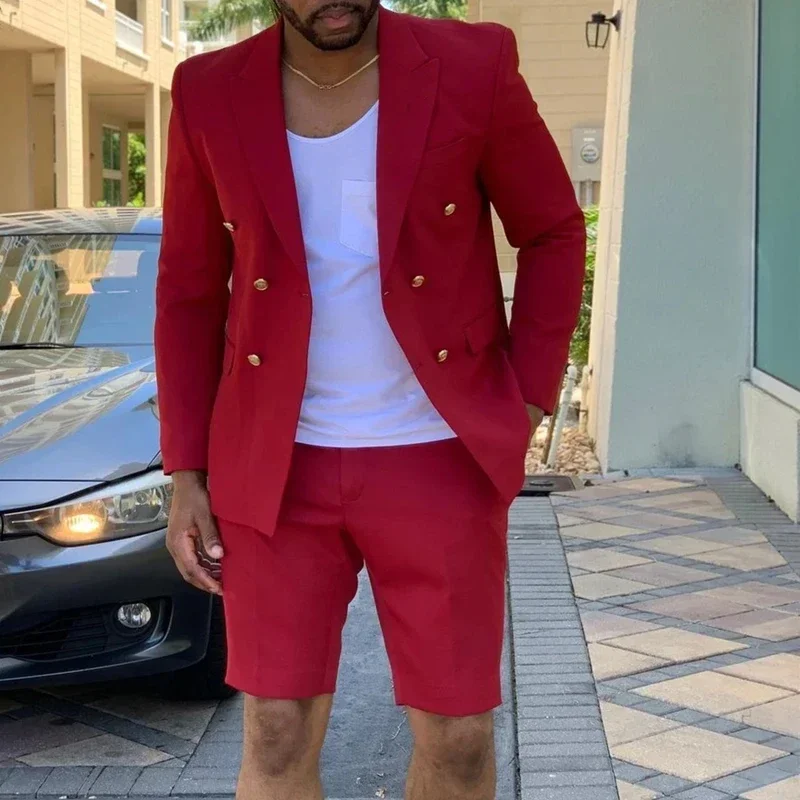 

2024 Fashion Red Jacket Short Pant Suits For Men Casual Slim Fit Blazers Hombre High Quality Custom 2 Piece Set Costume Homme