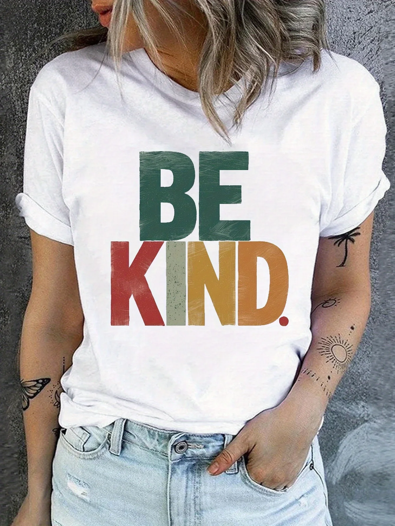 Vintage Be Kind Printed T-Shirt, Casual Round Neck Short-Sleeved Comfortable Fit T-Shirt, Spring and Summer, Women's Clothing