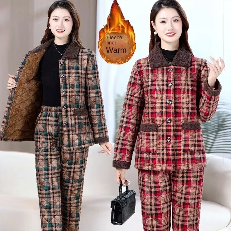 

Mother Winter Plus Fleece Cotton-padded Trouser Suit Middle-aged Elderly Women's Loose Thick Warm Cotton-padded Suit Two-piece