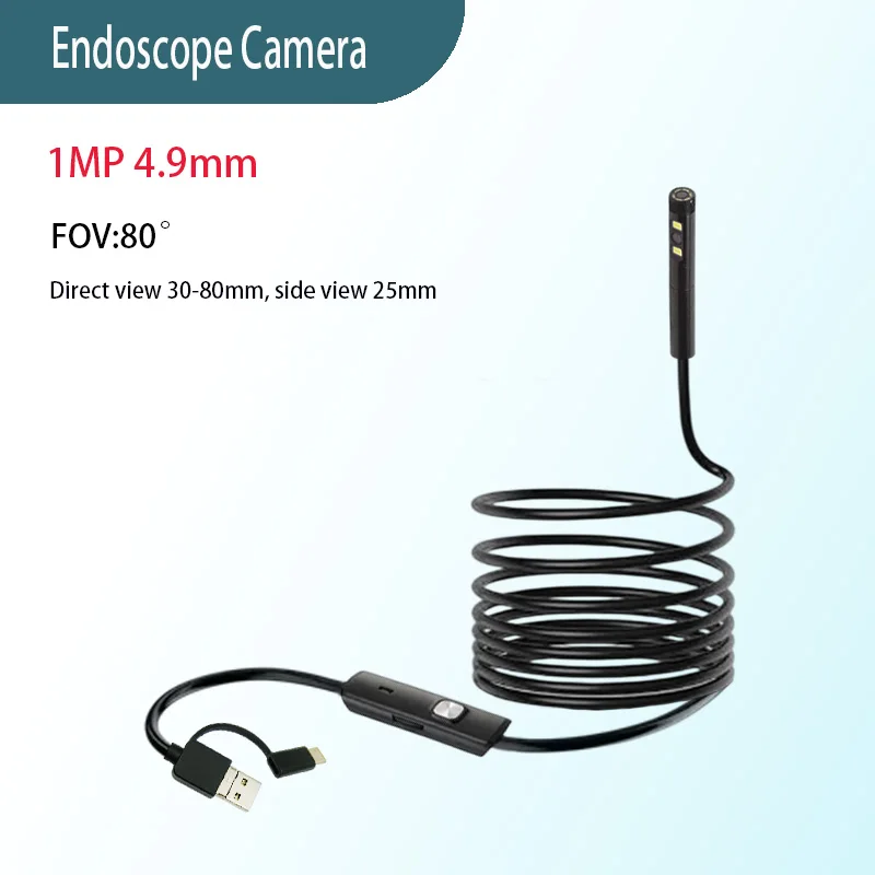 

1MP 4,9 мм FOV80 ° Эндоскоп с двумя объективами, механический эндоскоп для проверки трубопровода, 1 м, жесткий провод USB, промышленный эндоскоп
