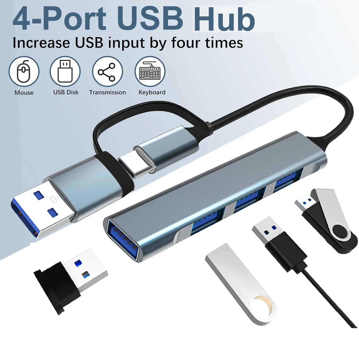 4-in-1-Hochgeschwindigkeits-USB 3.0-Hub mit Typ-C, 5 Gbit/s Datenübertragung, kompatibel mit Mac OS/Windows, Laptops, PCs, Xbox, PS4
