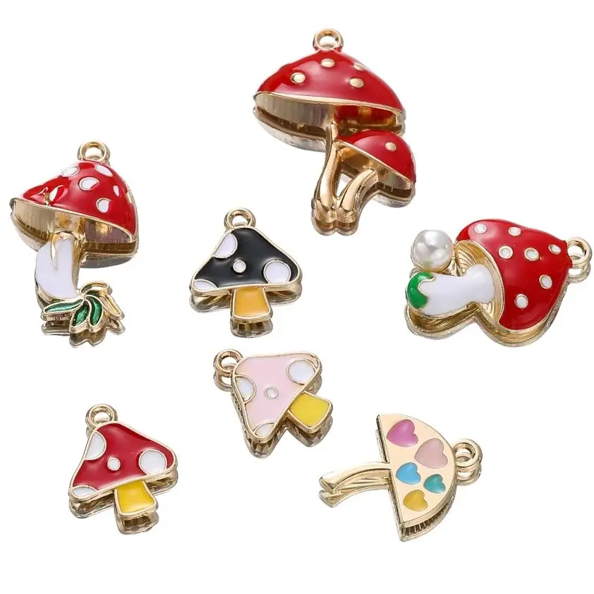 

10pcs/lot Cute Enamel Mushroom Pendant Alloy Drop Oil Plant Charms for DIY Earring Bracelet Necklace Jewelry Making Accessories