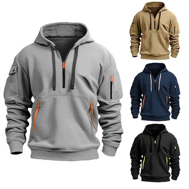 Herrenmode-Trend: Lässiger Sport-Hoodie mit mehreren Taschen und Reißverschluss, lockerer Pullover-Sweatshirt, langärmeliges Oberteil – Detail 2