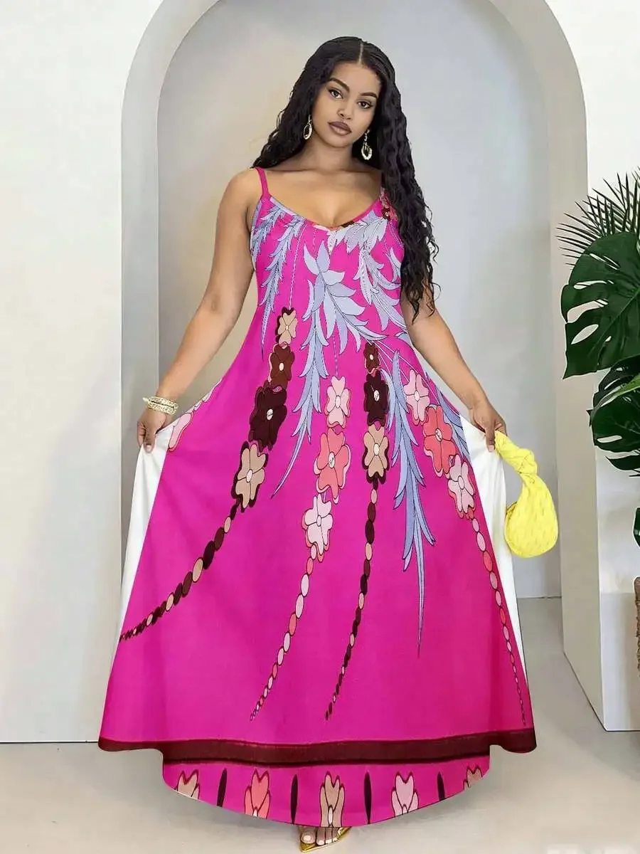 

Pink Floral Print Maxi Dress With Thin Straps For Women Plus Size Summer Beach Vacation Casual Wear
