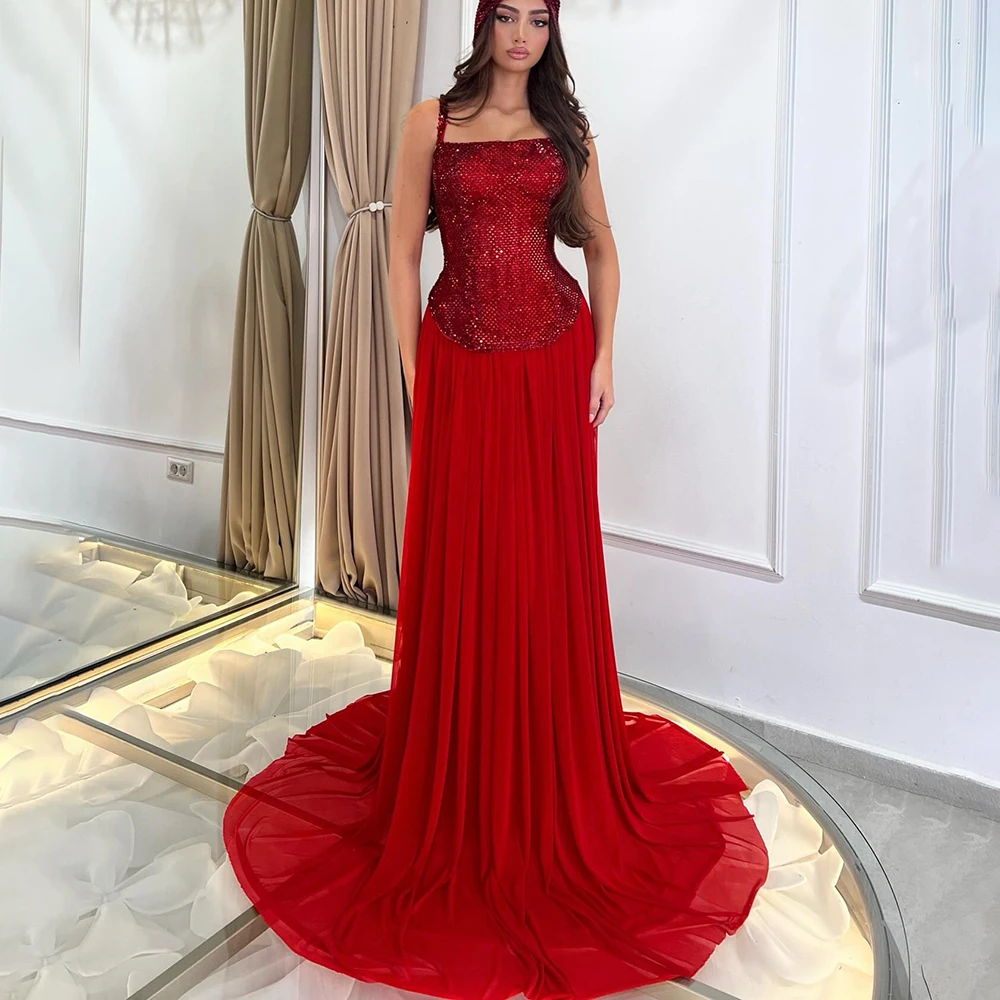 Custom Made Spaghetti Straps Sequins Glitter Bridal Evening Gwon A-line Draped Backless Birthday Party Dress with Train