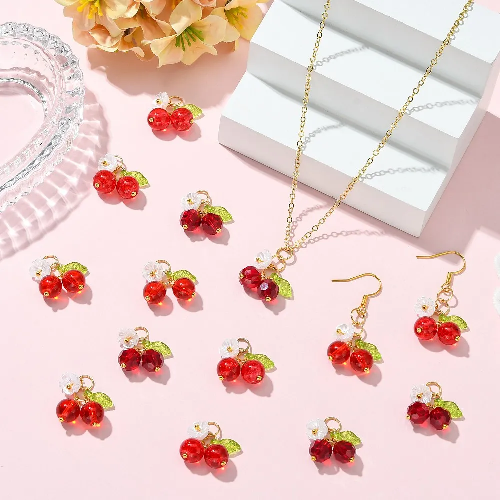 45pcs Fruit Red Cherry Glass Pendants Flower Leaf Decor Dangle Charms Handmade for DIY Jewelry Bracelet Necklace Making Crafts