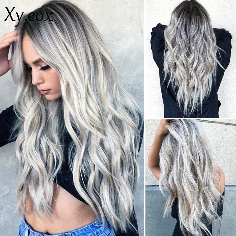 

White Black Gray Ombre Wig Womens Long Curly Wavy Anime Wigs Synthetic Hair