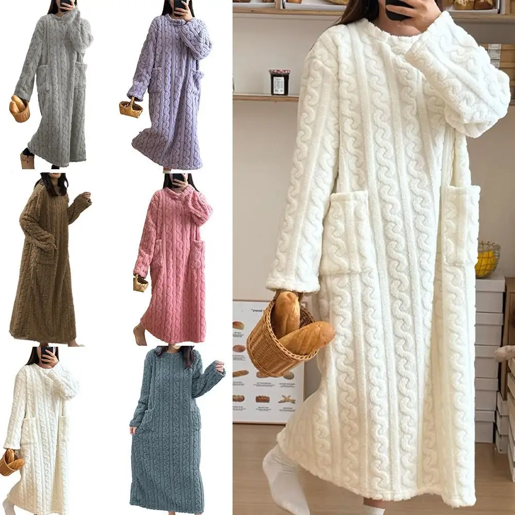 Winter Flannel Nightgowns Women Long Sleeve Loose Double Pocket Solid Sleepwear Jacquard Night Dress Thickened Warm Nightdress
